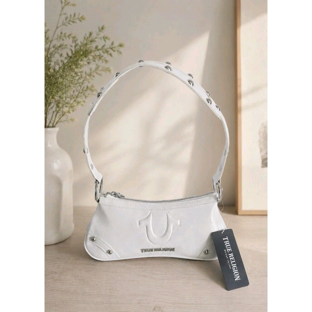 True Religion Studded & Raised Logo Stitching Horseshoe Hobo Style Purse